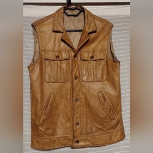 Vintage Tan Leather Vest With Brass Buttons